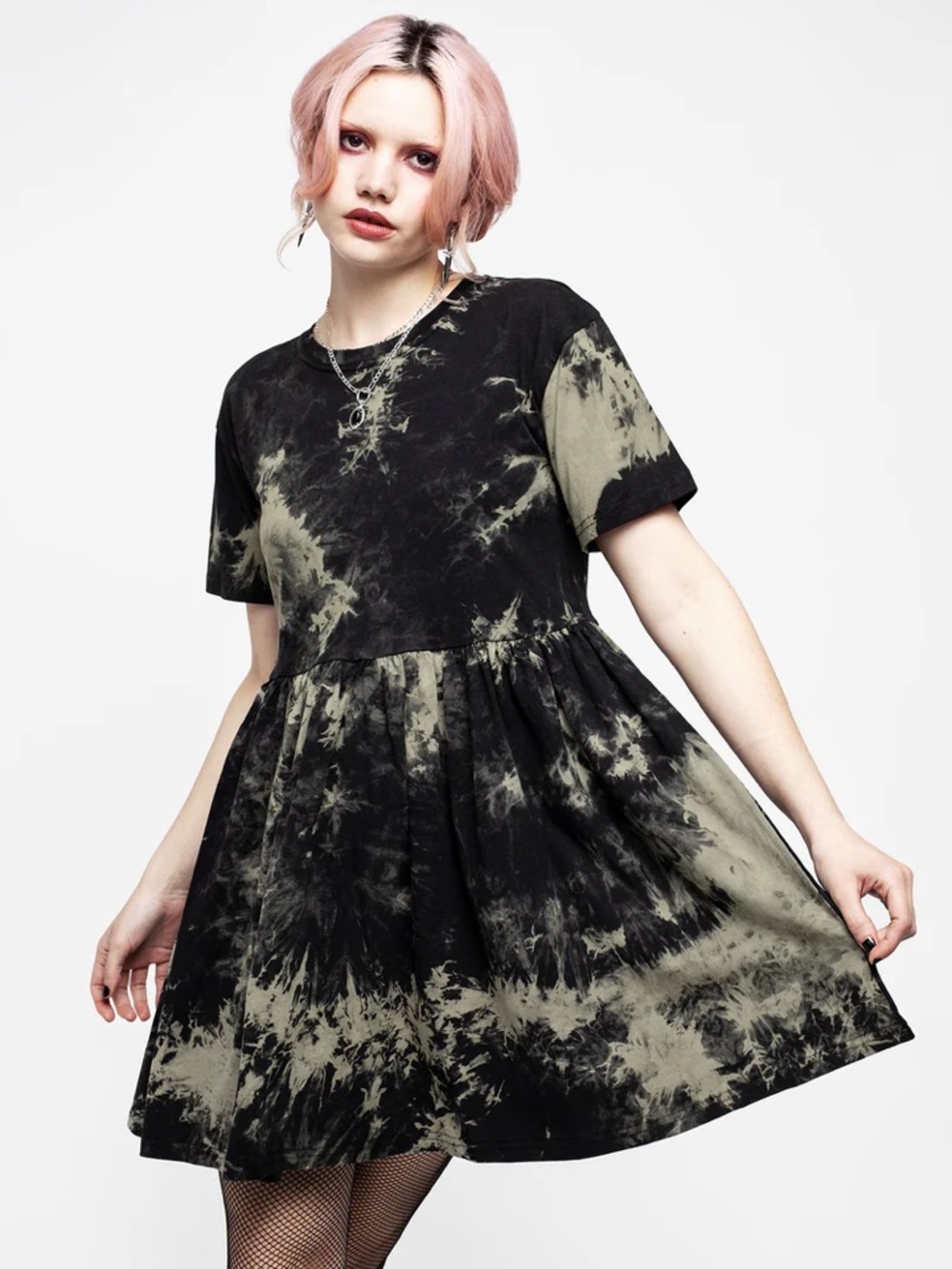 Disturbia Black and Olive Tie-Dye Babydoll Dress